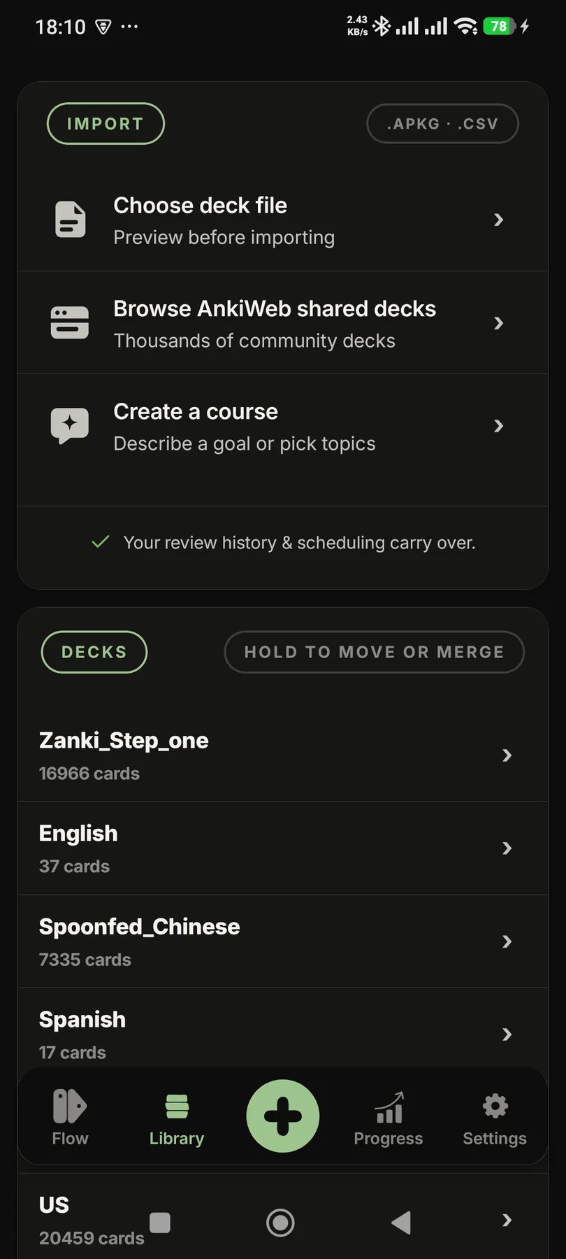 Anki import screen in dark mode