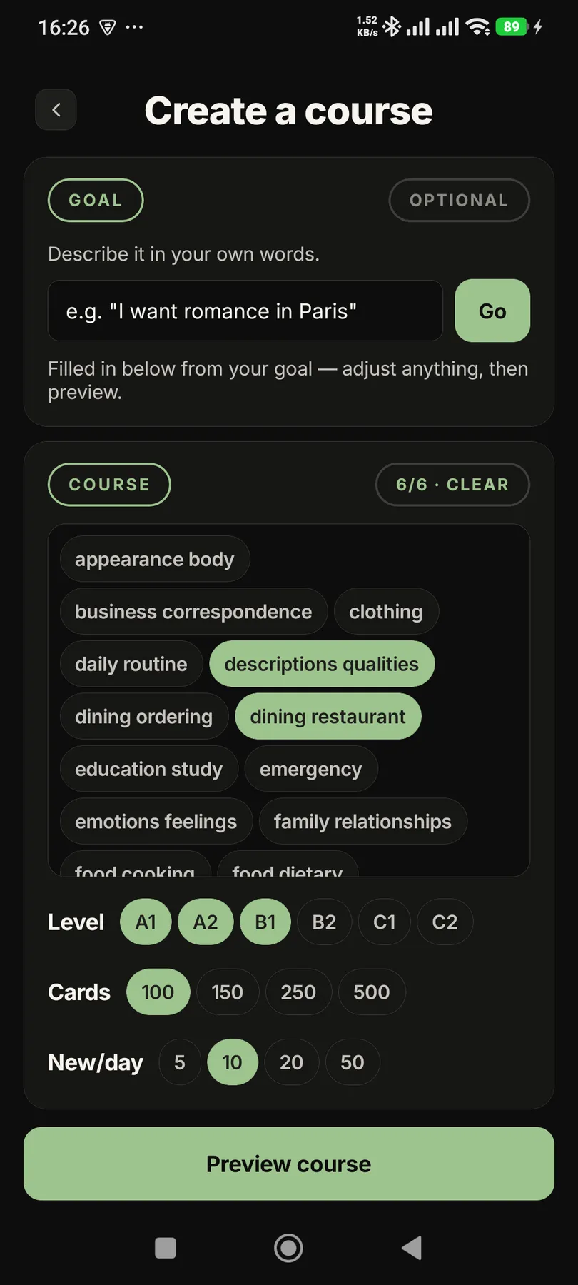 Course creator showing theme selection in dark mode